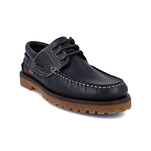 PAYMA - Zapatos Náuticos Sport Casual Hombre, Mujer, Niño. Clásicos 3-Ojales de Piel. Piso de Goma. Tallas Grandes 45 46 47. Cierre Cordones o Velcro. Color: Azul Marino; Talla EU 43