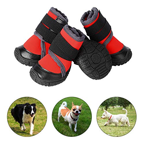 PETLOFT Botas para Perros, 4pcs Antideslizante Botas Perro con Correa de Cierre Adjustable para Perros Pequeños Medianos Grandes, Fácil de Poner Perro Protector Pata (M, Rojo)