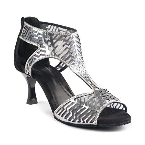 PortDance Salsa Tango PD813 Pro - Sandalias de baile para mujer (tacón de 5 cm, talla pequeña), color negro y plateado, color Plateado, talla 37 EU