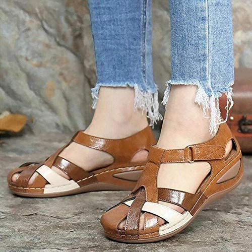 QDY Sandalias de Verano con cuña de Cuero para Mujer Zapatos de Plataforma con Punta Cerrada Cómodas Sandalias de cuña Deportivas Ajustables al Aire Libre Sandalias cómodas Casuales para CAM