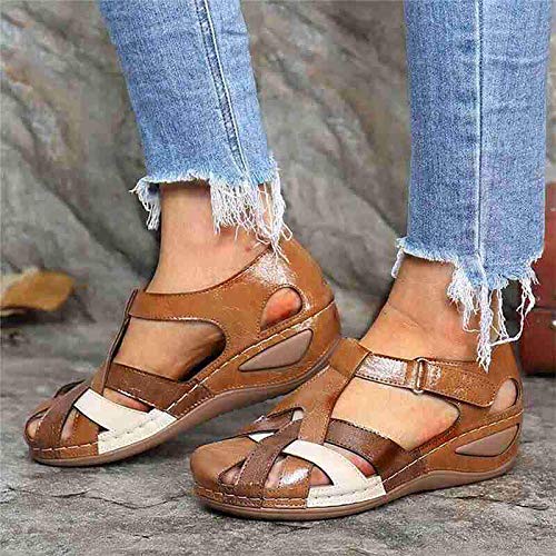 QDY Sandalias de Verano con cuña de Cuero para Mujer Zapatos de Plataforma con Punta Cerrada Cómodas Sandalias de cuña Deportivas Ajustables al Aire Libre Sandalias cómodas Casuales para CAM