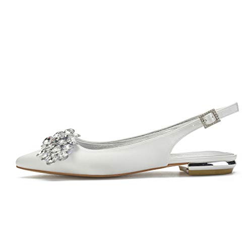 QXue Bailarinas Novia para Mujer Satén con Diamantes De Imitación Slingback Noche Zapatos De Boda Fiesta Zapatos Planos 36-43,Champagne,37 EU