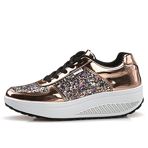 QZBAOSHU Mujer Adelgazar Zapatos Sneakers para Caminar Zapatillas Aptitud Cuña Plataforma Zapatos 34 EU 3-Oro