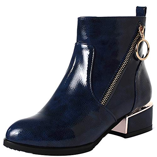 RAZAMAZA Mujer Elegante Botas Cortas Tacón Medio Puntiagudo Botas De Tobillo Chunky Tacón Oficina Botas Solido Cremallera Blue Size 38 Asian