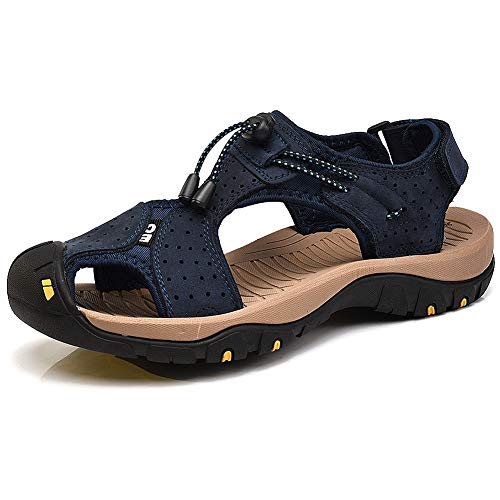 Rismart Hombre Punta Cerrado Gancho y Bucle Al Aire Libre Excursionismo Cuero Zapatos Sandalias y Chanclas SN1505(Azul Marino,44.5 EU)