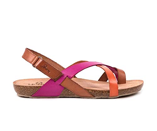 Sandalia Bio de Piel Plana para Mujer con Velcro - YOKONO Ibiza 718 Marrón, Rosa y Naranja (Numeric_36)