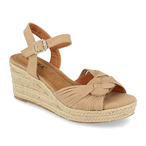 Sandalia de Cuna para Mujer, Estilo Valenciana, Forrada de Yute, con Flecos en Pala, y Cierre de Hebilla, Primavera Verano 2021. Talla 36 Beige