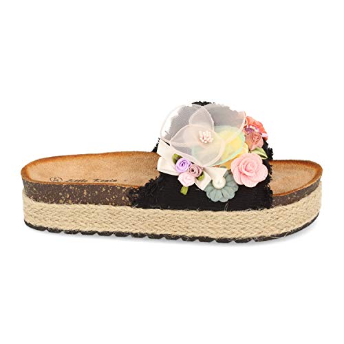 Sandalia de Mujer Estilo Hippy con Plataforma de Yute, Pala Ancha con Adorno de Flores y Planta Bio Anatomica. Primavera Verano 2020. Talla 36 Negro