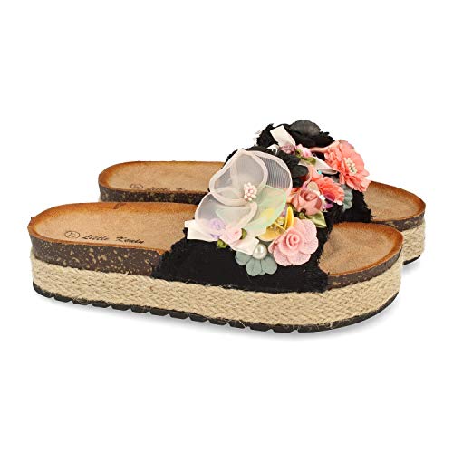 Sandalia de Mujer Estilo Hippy con Plataforma de Yute, Pala Ancha con Adorno de Flores y Planta Bio Anatomica. Primavera Verano 2020. Talla 36 Negro