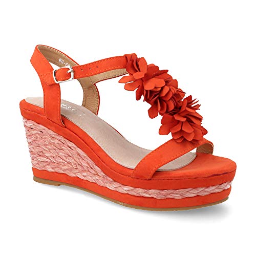 Sandalia Mujer de Cuna Casual con Flores Plataforma Forrada en Rafia Primavera Verano 2019. Talla 36 Naranja