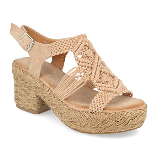 Sandalia Mujer Estilo Bohemio con Tacon y Plataforma de Yute, Correa en T, Adorno de Cordones y Hebilla. Primavera Verano 2020. Talla 36 Beige