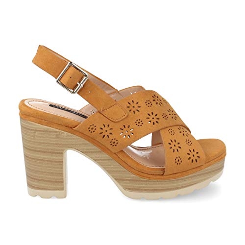 Sandalia Mujer Plataforma Tacon Efecto Madera Zueco con Perforado de Flores Y Correa Ajustable Primavera Verano 2019. Talla 40 Camel