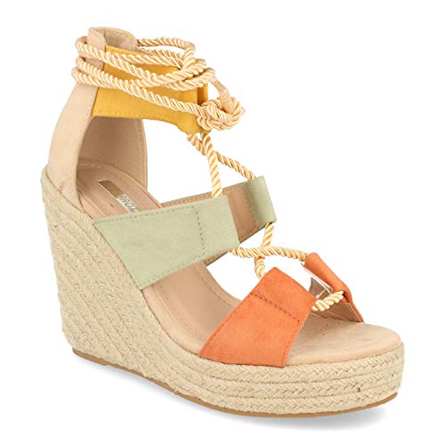 Sandalias de Mujer Comodas Casual con Cuna y Plataforma de Yute, Abierto en Lateral, Tiras Anchas en Pala y Cuerda en T. Primavera Verano. Talla 37 Beige