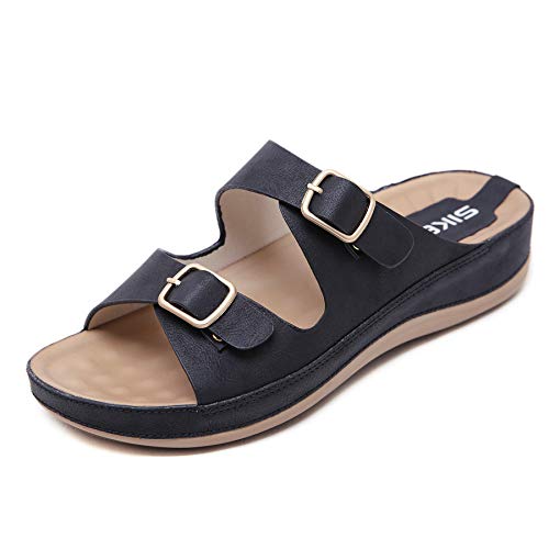 Sandalias de Pala Mujer Metálico Piel Verano Sandalias Bio Ajustable Buckle Comodas Plataforma Mules Planas Zuecos