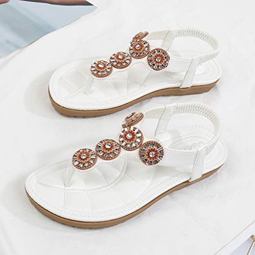 Sandalias de Punta Abierta Zapatillas de Playa de Verano,Zapatos de Diamantes de ImitacióN Bohemios Zapatos Planos Elegantes Zapatos Romanos Retro Blanco Beige Negro 35-42 EU