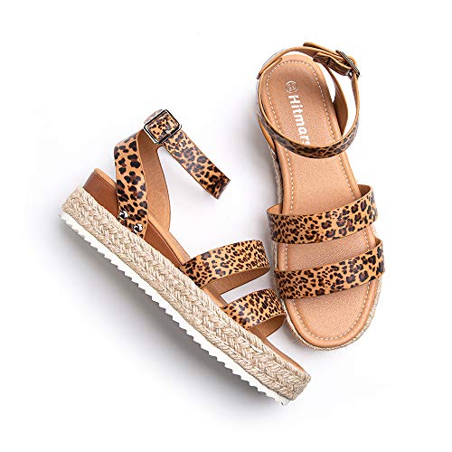 Sandalias Mujer Plataforma Esparto Verano Casual Alpargatas de Cuña Plateau Moda con Correa Tobillo 5 CM Leopard B Talla 35 EU