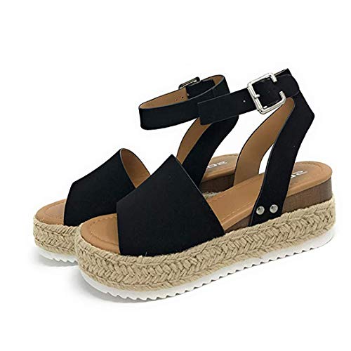 Sandalias Mujer Verano 2020 cáñamo Fondo Grueso Sandalias Punta Abierta Cuero Fondo Plano Zapatos Bohemias Romanas Hebilla Zapatillas