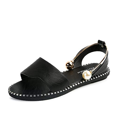 Sandalias Mujer Verano,Perla Negra Palabra Deducción Zapato Abierto Damas Sandalias Bohemia Luz Romano Slip En Calzados Femeninos Para El Tobillo Exterior Casual Antideslizante Caminatas Por La Playa