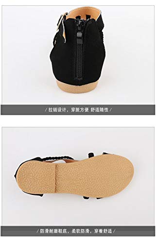 Sandalias Mujer Verano,Tejido De Color Negro con Fondo Plano Zipper Señoras Sandalias Bohemia Luz Romano Slip En Calzados Femeninos para El Tobillo Exterior Casual Antideslizante Caminatas por La Pla