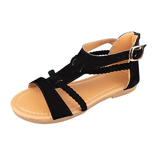 Sandalias Mujer Verano,Tejido De Color Negro con Fondo Plano Zipper Señoras Sandalias Bohemia Luz Romano Slip En Calzados Femeninos para El Tobillo Exterior Casual Antideslizante Caminatas por La Pla