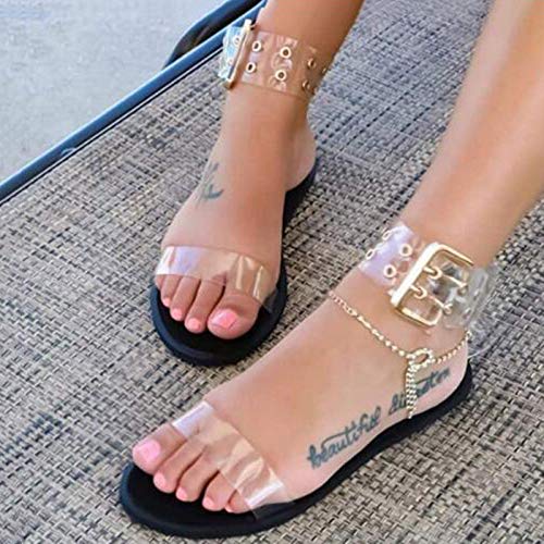 Sandalias Mujer Verano,Verano Apartamentos Playa Transparente Jalea Clara Señoras Sandalias Bohemia Luz Romano Slip En Calzados Femeninos Para El Tobillo Exterior Casual Antideslizante Caminar Señor