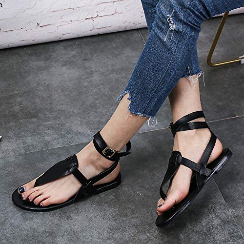 Sandalias Mujer Verano,Verano Negro Sólido Plano Playa Peep Toe Damas Sandalias Bohemia Luz Romano Slip En Calzados Femeninos Para El Tobillo Exterior Casual Antideslizante Caminar Señoras Sandal,39