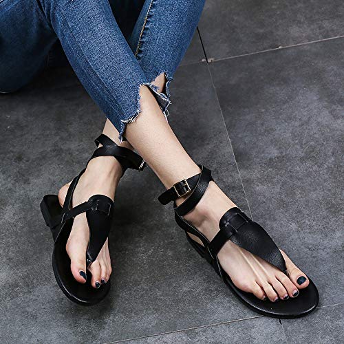 Sandalias Mujer Verano,Verano Negro Sólido Plano Playa Peep Toe Damas Sandalias Bohemia Luz Romano Slip En Calzados Femeninos Para El Tobillo Exterior Casual Antideslizante Caminar Señoras Sandal,39