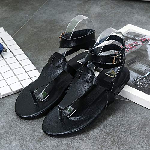 Sandalias Mujer Verano,Verano Negro Sólido Plano Playa Peep Toe Damas Sandalias Bohemia Luz Romano Slip En Calzados Femeninos Para El Tobillo Exterior Casual Antideslizante Caminar Señoras Sandal,39