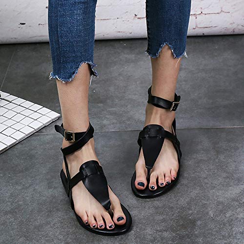 Sandalias Mujer Verano,Verano Negro Sólido Plano Playa Peep Toe Damas Sandalias Bohemia Luz Romano Slip En Calzados Femeninos Para El Tobillo Exterior Casual Antideslizante Caminar Señoras Sandal,39