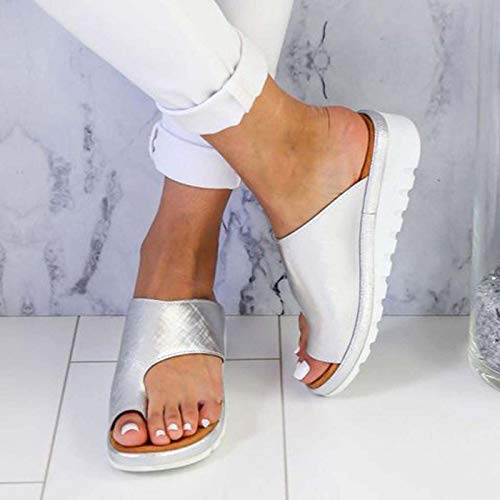 Sandalias Planas Cómodas para Mujer Zapatos Ortopédicos de Verano Sandalias de Corrección de Pie con Dedo Gordo Corrector de Juanetes Ortopédico Zapatillas de Viaje de Playa,Plata,36