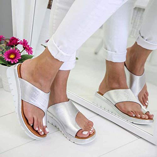 Sandalias Planas Cómodas para Mujer Zapatos Ortopédicos de Verano Sandalias de Corrección de Pie con Dedo Gordo Corrector de Juanetes Ortopédico Zapatillas de Viaje de Playa,Plata,36