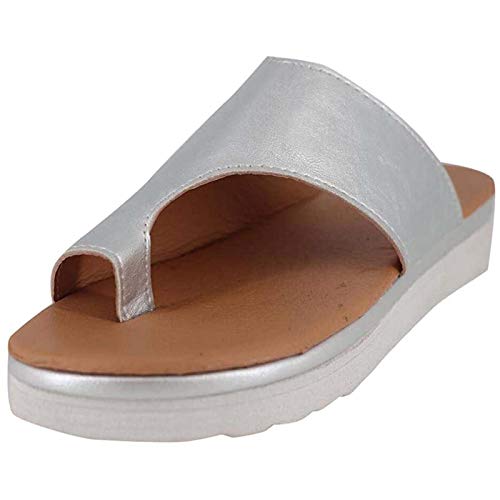 Sandalias Planas Cómodas para Mujer Zapatos Ortopédicos de Verano Sandalias de Corrección de Pie con Dedo Gordo Corrector de Juanetes Ortopédico Zapatillas de Viaje de Playa,Plata,36