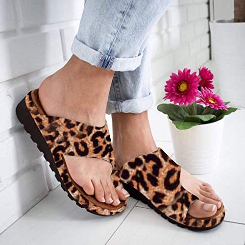 Sandalias Planas Cómodas para Mujer Zapatos Ortopédicos de Verano Sandalias de Corrección de Pie con Dedo Gordo Corrector de Juanetes Ortopédico Zapatillas de Viaje de Playa,Leopard Print,39