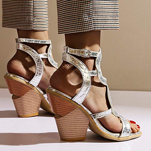 Sandalias Romanas Tacones de Verano Sandalias con Punta Abierta para Mujer Zapatos de TacóN Alto Vestir Sandalias Recortables de Boca de Pescado Sandalias con Hebilla Negro Amarillo Plata 35-43EU