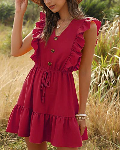 Señoras Cuello en V Color sólido Dulce Bohemio Sin Mangas Midi Vestidos de Túnica de Verano Chic de Noche Swing Corto Vestido Camisero de Playa Vacaciones con Volantes con Cordones Rojo L