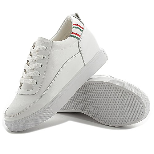 Shenn Mujer Oculto Cuña tacón Ata para Arriba Comodidad Cuero Zapatillas SN2528(Blanco,EU39)