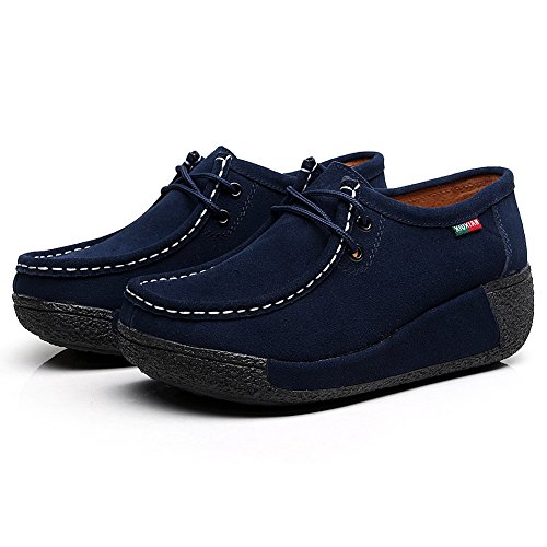 Shenn Mujer Zapatos Formal Plataforma Oculto Tacón Cuña Gamuza Zapatillas De Moda (Azul,EU37.5)