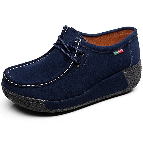 Shenn Mujer Zapatos Formal Plataforma Oculto Tacón Cuña Gamuza Zapatillas De Moda (Azul,EU37.5)