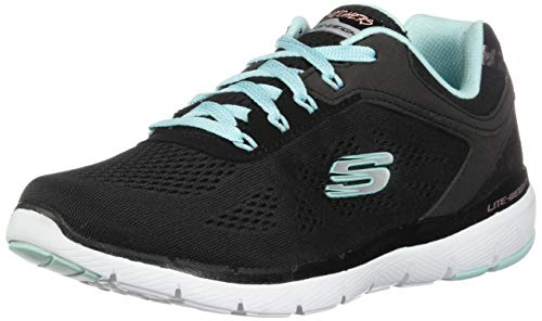 Skechers Flex Appeal 3.0-Moving Fast, Zapatillas Mujer, Negro (BKTQ Black Mesh/Duraleather/Silver Trim), 37 EU