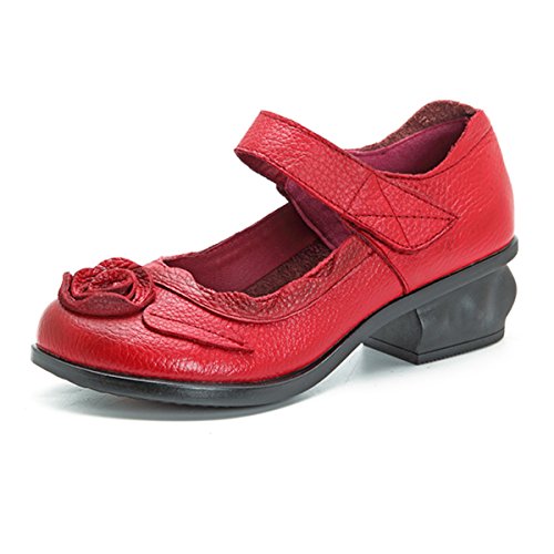 Socofy Mocasines Rojos Flores Velcro Zapatos de Mujer de Cuero de Ballet Vintage Zapatos Casuales Mujer Primavera Verano Cómodos Zapatos De Baño con Puntera Redonda