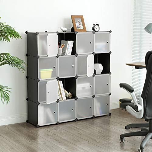 SONGMICS Estantería Modular, Armario Modular de 16 Cubos, Estantería de Plástico con Puertas, para Zapatillas, Ropa, Juguetes, Libros, Fácil de Montar, Negro LPC44HS