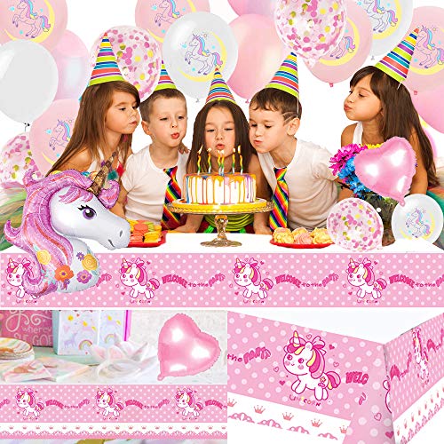 specool Unicornio Decoración de cumpleaños para niña, Rosa Feliz cumpleaños Conjunto de pancartas Unicornio Papel de aluminio Globo Látex Confeti Fiesta en globo Decoración Chica Novia