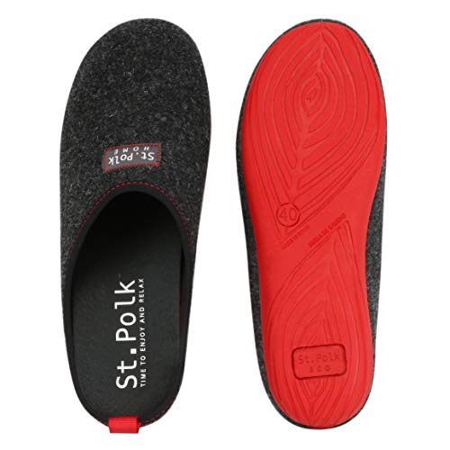 St.Polk® Zapatillas casa Mujer/Hombre Slippers Pantuflas de Estar por casa Fabricadas España Original Unisex Invierno/Verano máxima Comodidad Suela Caucho Plantilla Extraible (Gris/Rojo, Numeric_43)