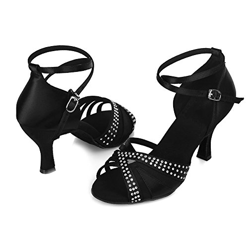 SWDZM Mujer Zapatos de Baile,estándar de Zapatos de Baile Latino,Ballroom Modelo, 2.56'' tacón,Negro 38EU