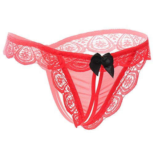 Tanga De Encaje,Tanga De Cintura Baja para Mujer Sexy, Pantalones De Color Sólido Huecos, Tanga Transparente con Nalgas De Lazo-Rojo_Metro