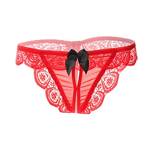 Tanga De Encaje,Tanga De Cintura Baja para Mujer Sexy, Pantalones De Color Sólido Huecos, Tanga Transparente con Nalgas De Lazo-Rojo_Metro