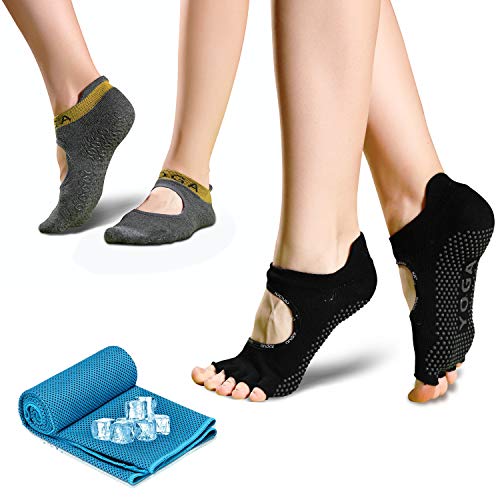 unisoul Calcetines Yoga Antideslizantes Mujer,2 Pares Calcetines de Yoga Pilates Y 1 Toalla Refrescantepara,para Yoga Pilates, Barra, Ballet, Fitness,Entrenamiento Descalzo,Sin Dedos Y Full Toe