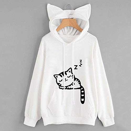 VEMOW Sudaderas con Capucha para Mujer Manga Larga Fairy Gato Impresión Tops Ropa con Bolsillo, Deportiva Hoodie Casual Color Sólido Camisa de Entrenamiento Baratas de Invierno Anchas(A Blanco,XXL)