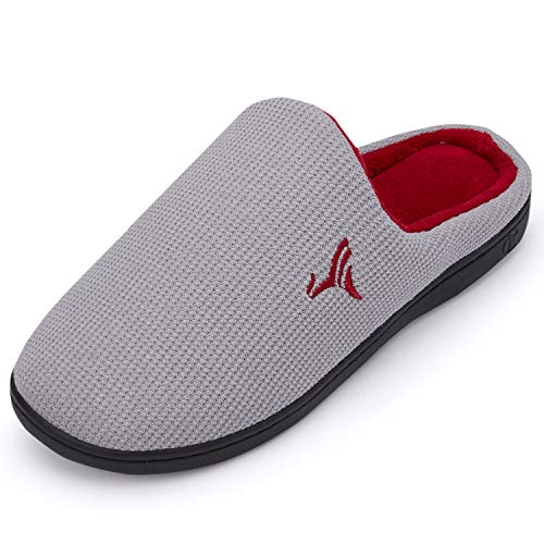 VIFUUR Hombre Zapatillas de casa Espuma de Memoria de Alta Densidad Cálido Interior Lana al Aire Libre Forro de Felpa Suela Antideslizante Zapatos Gris/Rojo 42/43