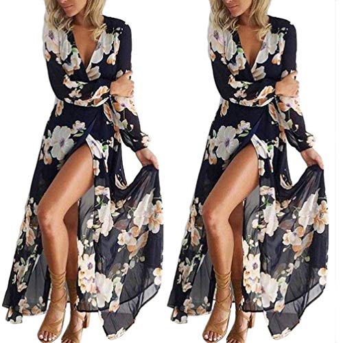 VJGOAL Moda para Mujer Sexy con Cuello en V Bohemia Retro Estampado Floral de Manga Larga Fiesta de Noche hasta el Tobillo Vestidos Largos (XL, Azul Marino)